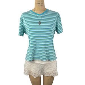 Vtg 90's Academia Striped V-Neck Ribbed Tee Sz L Preppy Minimalistic